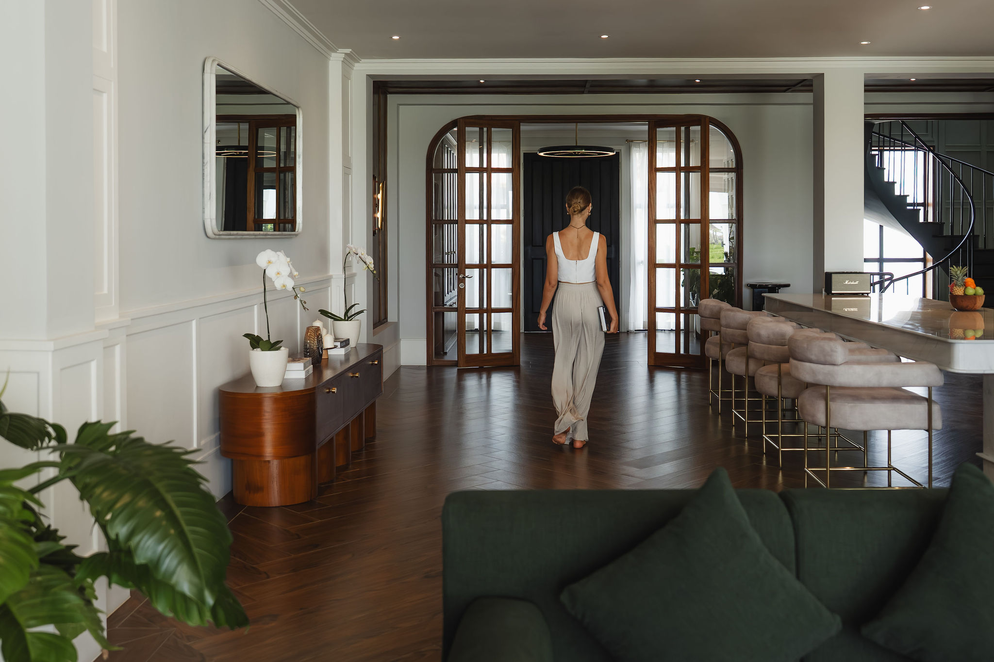 Ground floor — open-plan living and kitchen with Georgian arched doors