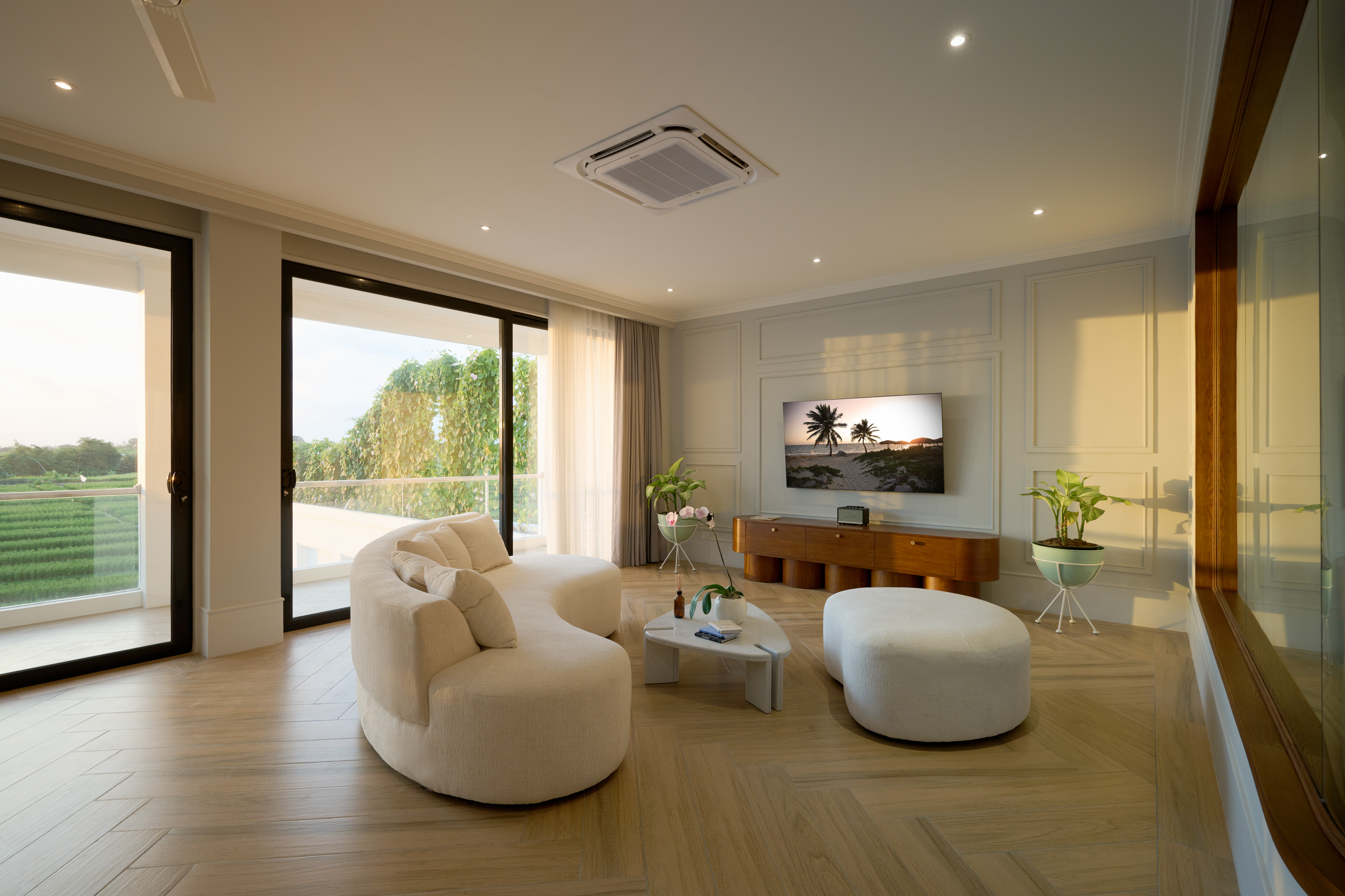 Master suite lounge with rice field views